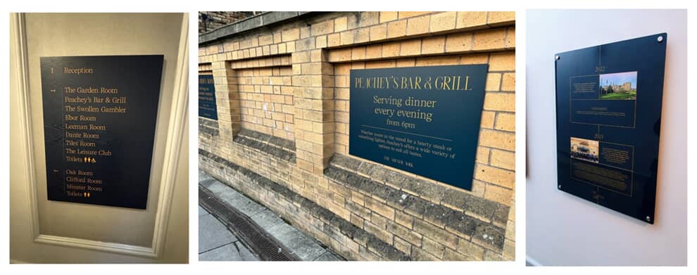 A collage of the interior and exterior directional and informational signage.